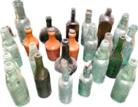 A Large collection of antique glass bottles & stone ware ginger beer bottles; A.G Barr & co ltd