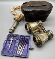 A Pair of Mother of pearl encased opera binoculars with case, Vintage manicure set and 1938 Hudson &