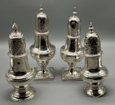 Four various silver hallmarked sugar sifters; pair of Georgian London silver and family crest