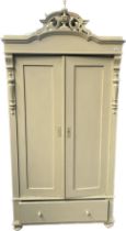 Painted pine wardrobe, two cupboard doors over one single drawer [204x99x53cm]