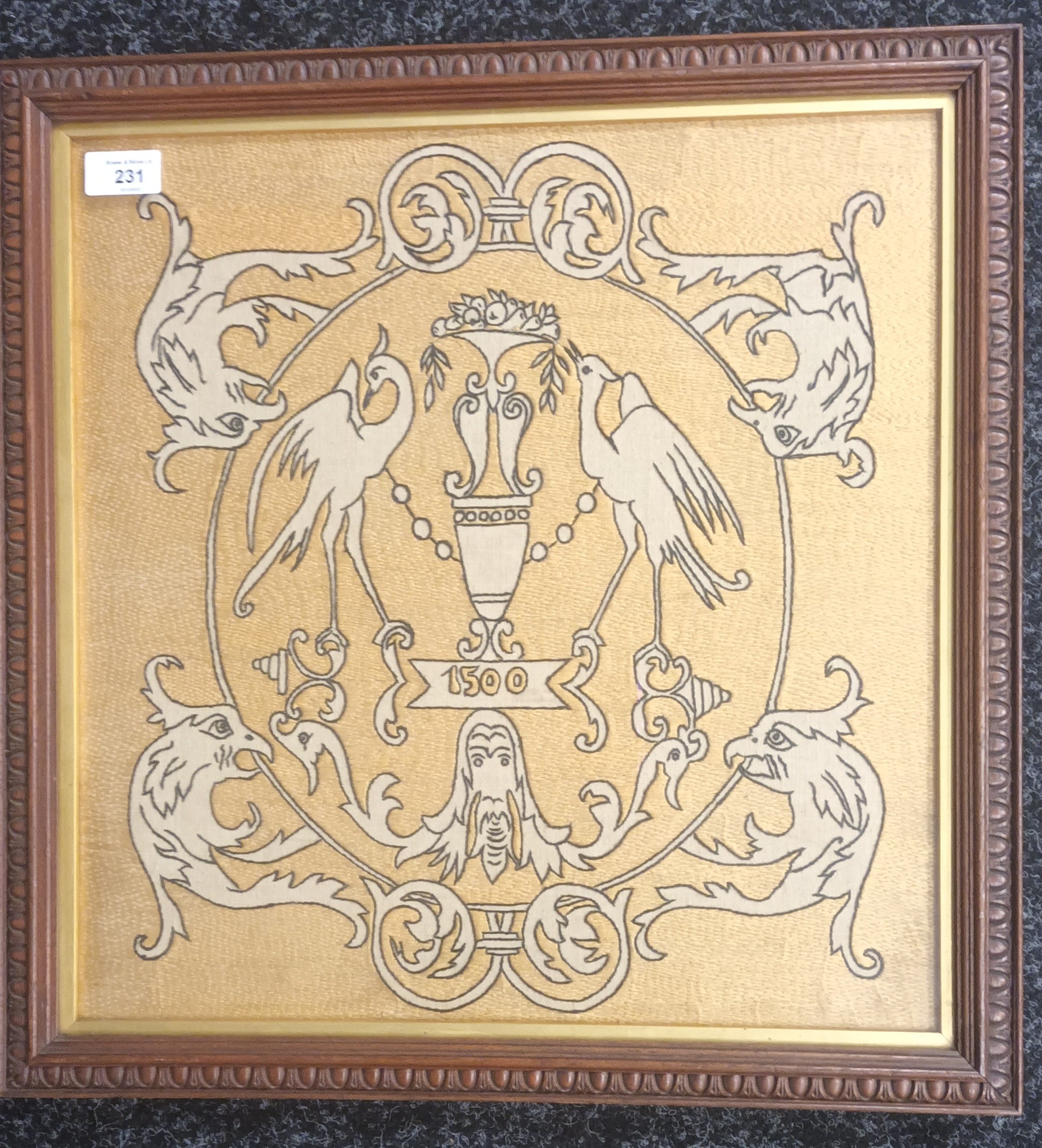 Antique needle work tapestry depicting cranes and urn centre piece, within an oak frame. [Frame - Image 2 of 3