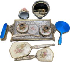 A collection of various dressing table items; Petite point dressing table set and small round