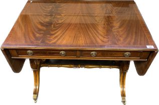 Antique desk, the rectangular top with drop ends above two drawers, raised on pedestal legs with