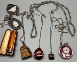 A Selection of silver jewellery; Silver and tiger eye pendant, Heather pendant with a silver