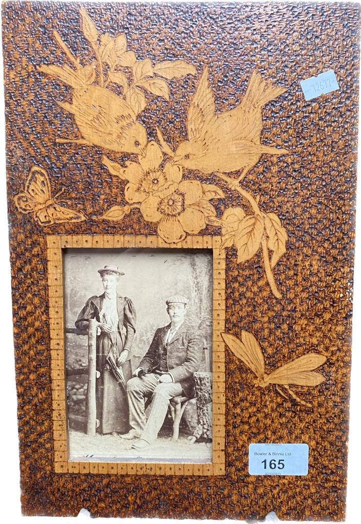 An antique poker work bird scene photo frame, Edwardian double section tea caddy along with a - Image 3 of 3