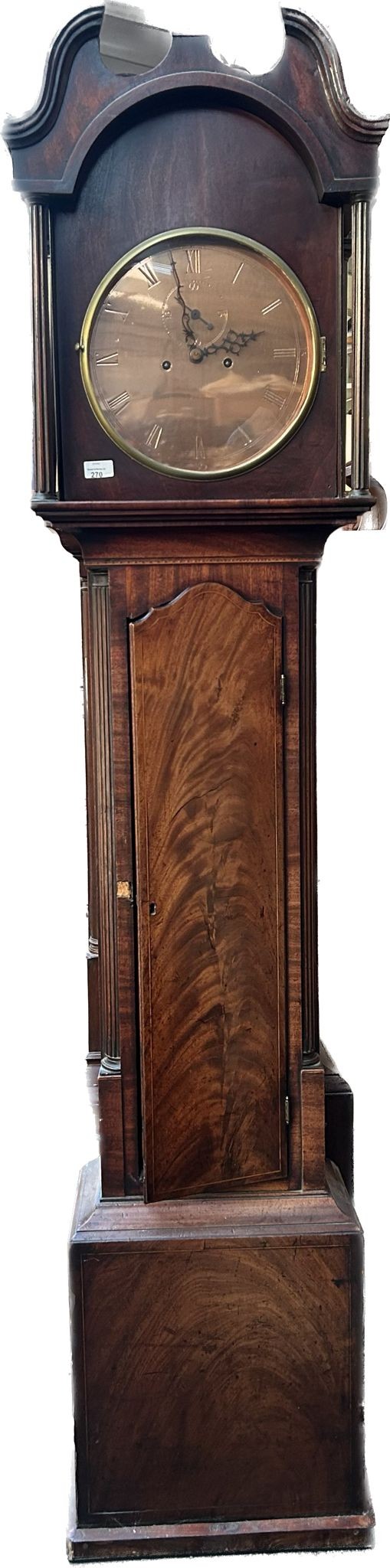 19th century Antique walnut and mahogany cased grandfather clock with circular brass face, has