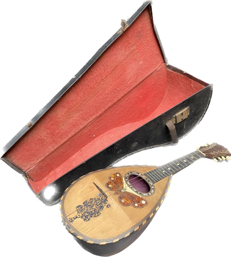 Early 20th century Italian style Mandolin with carry case. Detailed with Tortoise and mother of