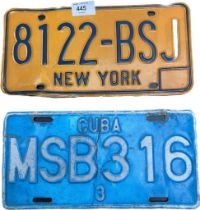 Two vintage car registration plates [New York & Cuba]