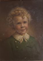 Antique oleograph depicting a young boy with blonde curly hair within a moulded frame. [Frame