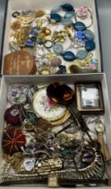 Two boxes of mixed jewellery; Vintage ladies watches- Biela and Timex, Ronson W213 Whirlwind lighter