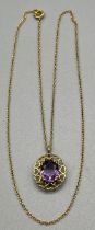 9ct yellow gold ladies necklace together with a 9ct yellow gold and oval cut amethyst stone pendant.