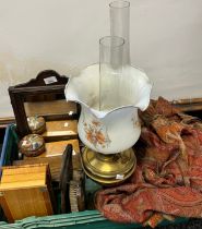 A Selection of collectables; Two paraffin lamps, various wooden boxes, shaving mirror and paisley