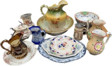 A collection of Victorian porcelain; Victorian lustre ware, water jug and Scottish style bowl.