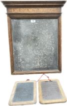 A 20th century emergency notice board set in oak framing along with 2 Antique Primitive Double Sided
