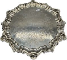 Large Sheffield silver Salver, Raised on three ball and claw feet supports. Produced by Fordham &