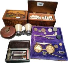 A collection of collectable artifacts to include vintage weighing scales & eastern Themed secret box