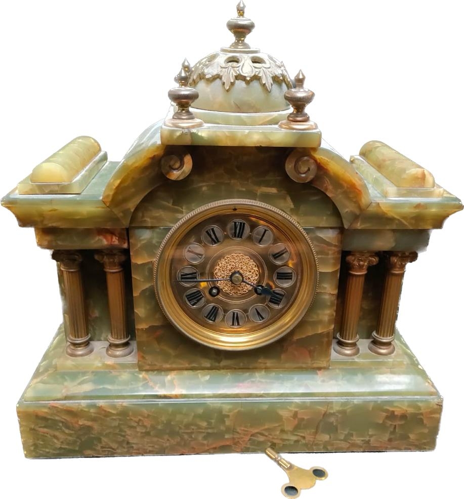 A 19th century French Japy Freres France onyx mantle clock with fitted brass columns [36.5x37x14cm] - Image 2 of 3