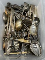 Tub of silver plated and silver flatwares; Georgian Glasgow silver small serving spoon produced by