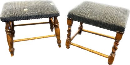 Two antique stools, raised on turned legs with blue upholstery cushioned seats