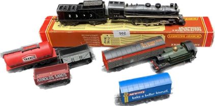 A collection of train vehicles to include Tri ang tr2335 loco & tender , Hornby great Western