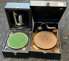 Two vintage small portable gramophones
