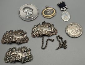 A Selection of silver items; Three raised relief Georgian Birmingham silver drinks labels, Silver