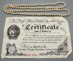 Cultured pearl necklace with certificate of authenticity. [45cm drop] [90cm length]