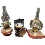 LMS Railway lantern along with 2 antique oil lamps with glass funnels