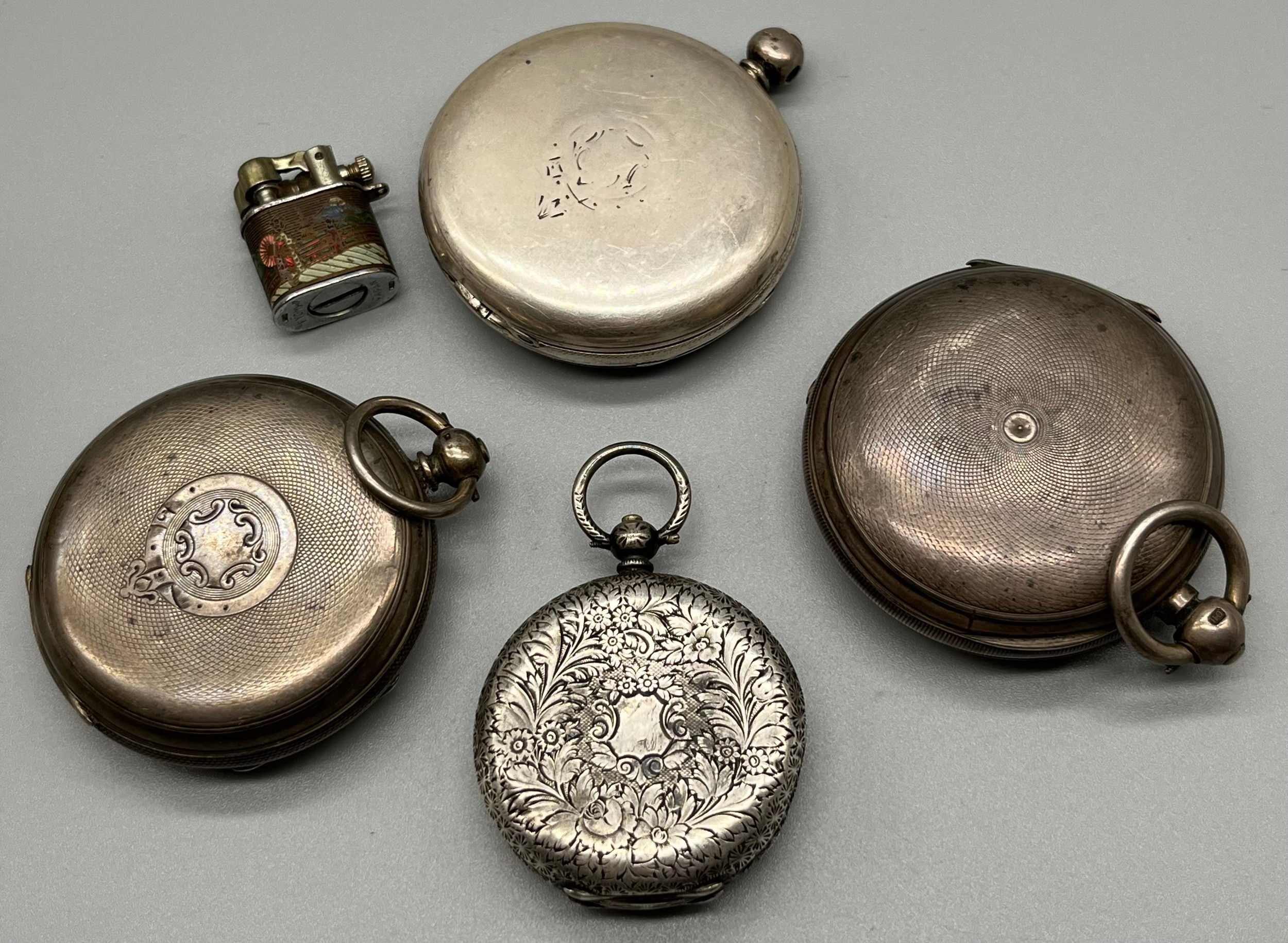 A Lot of Four Silver pocket watches and small Japanese lighter; Ornate Swiss Silver fob pocket - Image 2 of 3