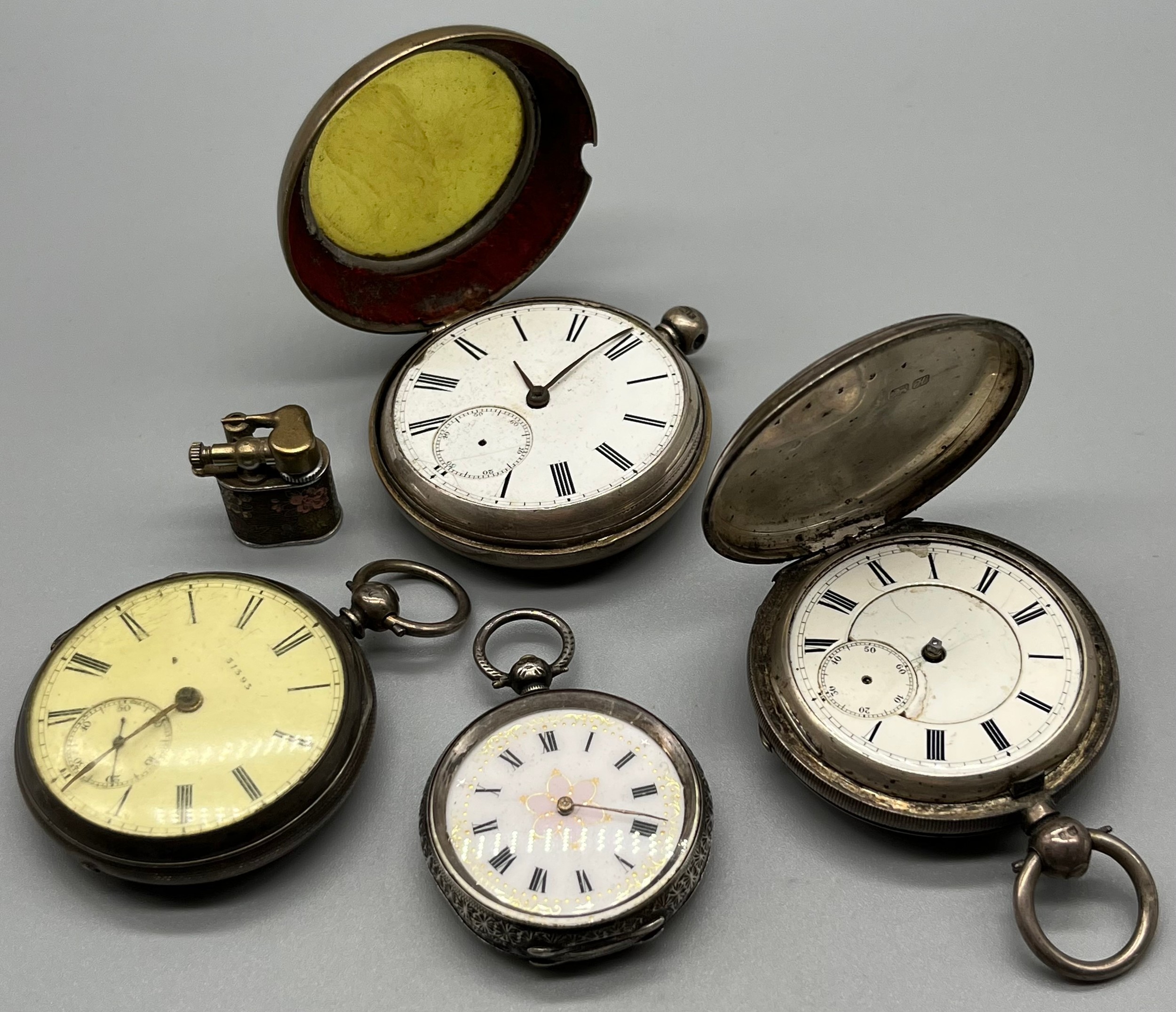 A Lot of Four Silver pocket watches and small Japanese lighter; Ornate Swiss Silver fob pocket