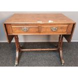 19th century walnut drop end table, the rectangular top with banding above two singular drawers,