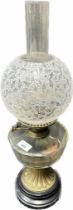 Victorian porcelain and glass oil lamp with etched glass shade.