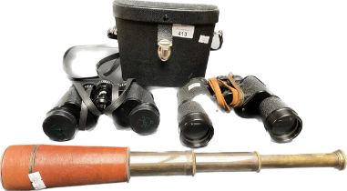 A pair Lieberman & gortz 10x40s binoculars, small vintage 3 pull telescope along with greenkat