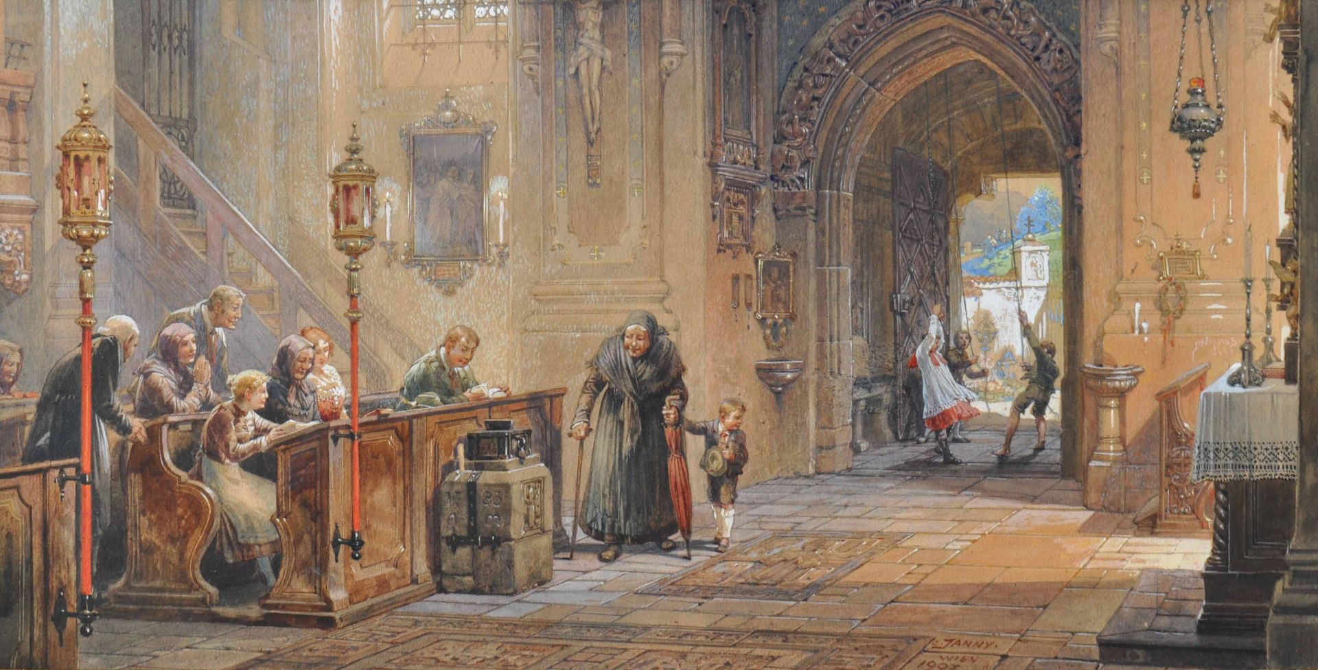 Georg Janny - Kircheninneres mit Betenden und Ministranten, 1907