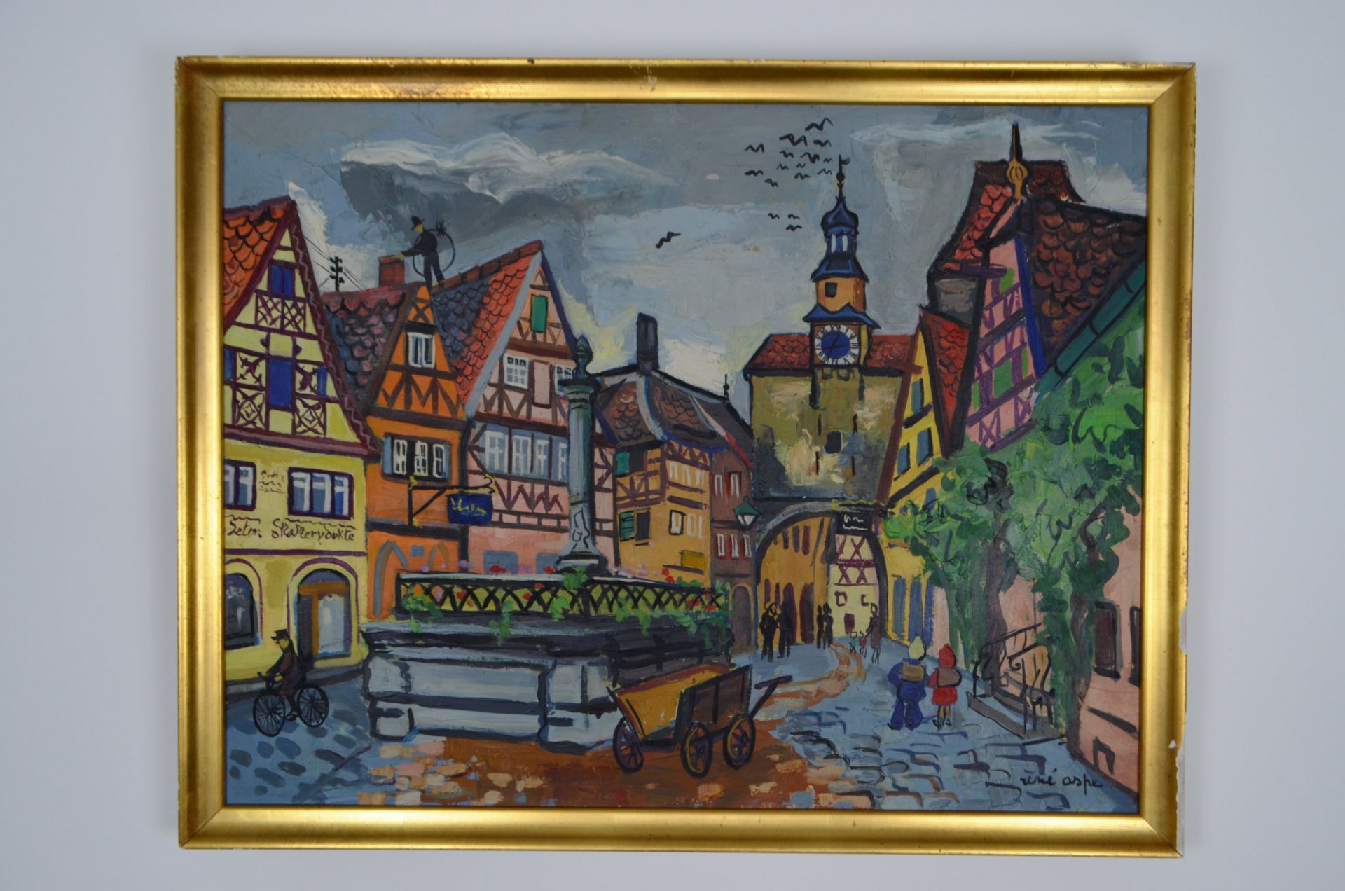 Peinture sur toile "Ville d'Alsace" signé Renée Aspé (1929-1969)