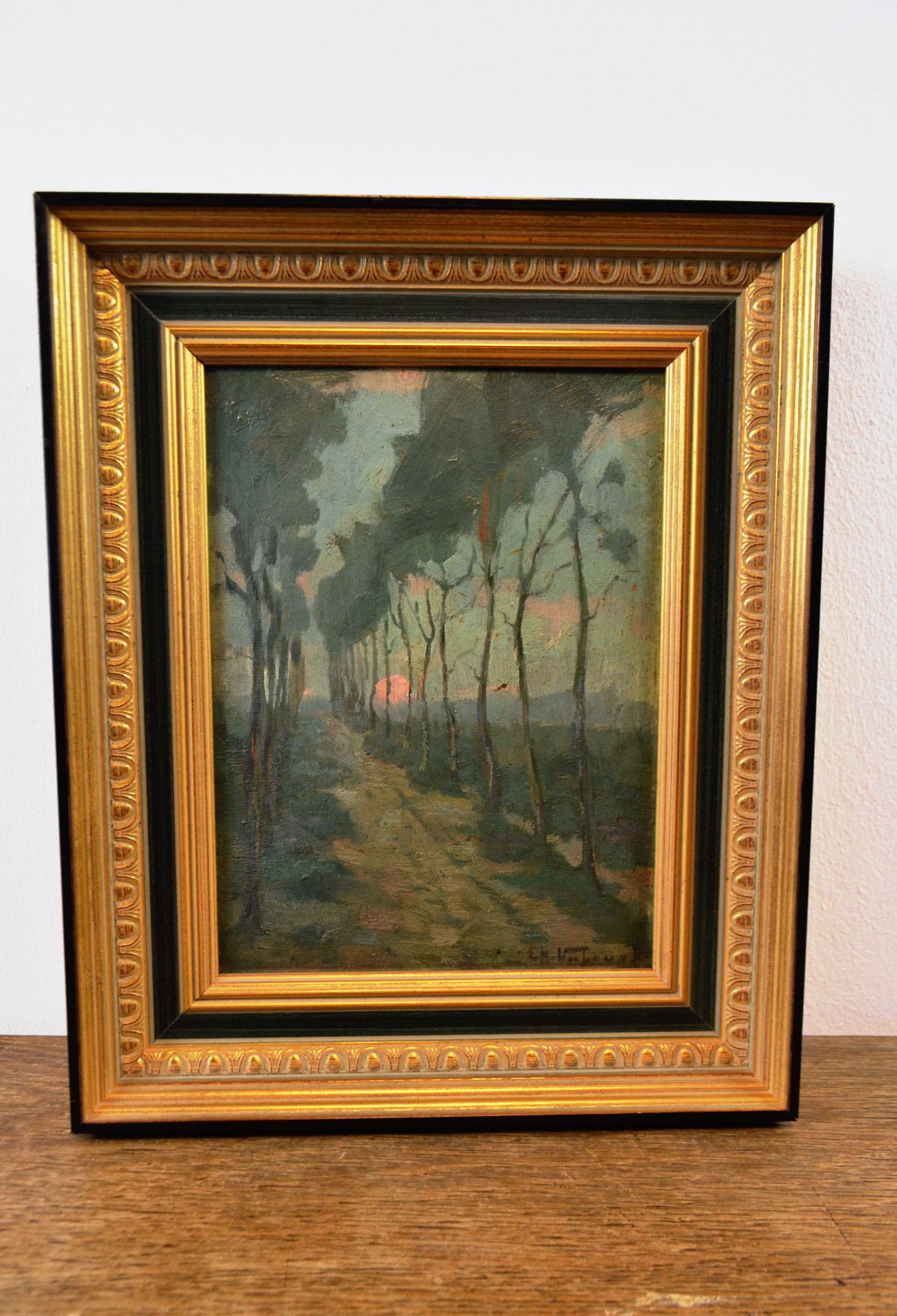 Petit tableau huile sur plaque "Allée d'arbres" signature bas droit - manques