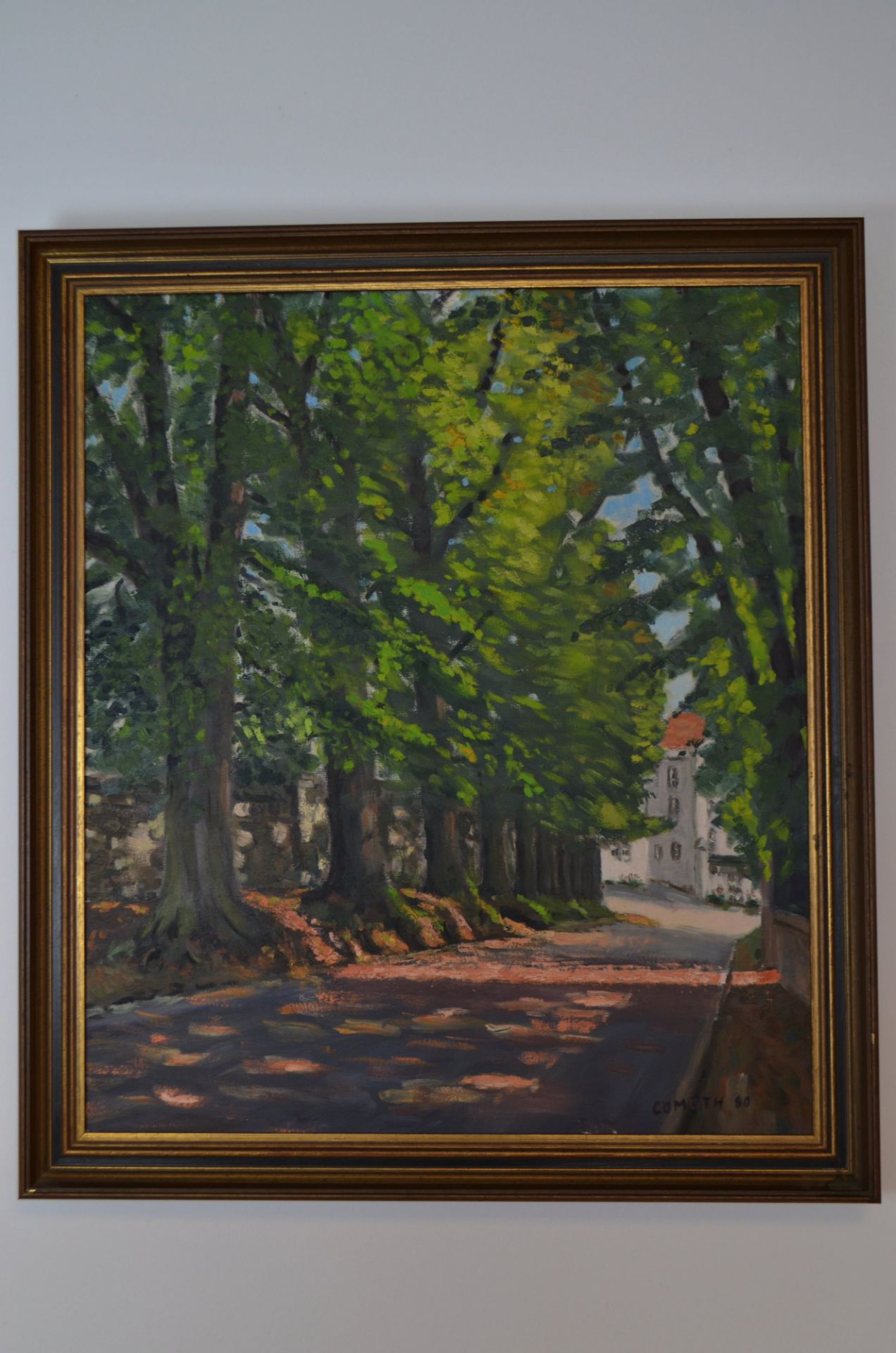 Peinture sur toile "Allée d'arbres" signé Comoth '80