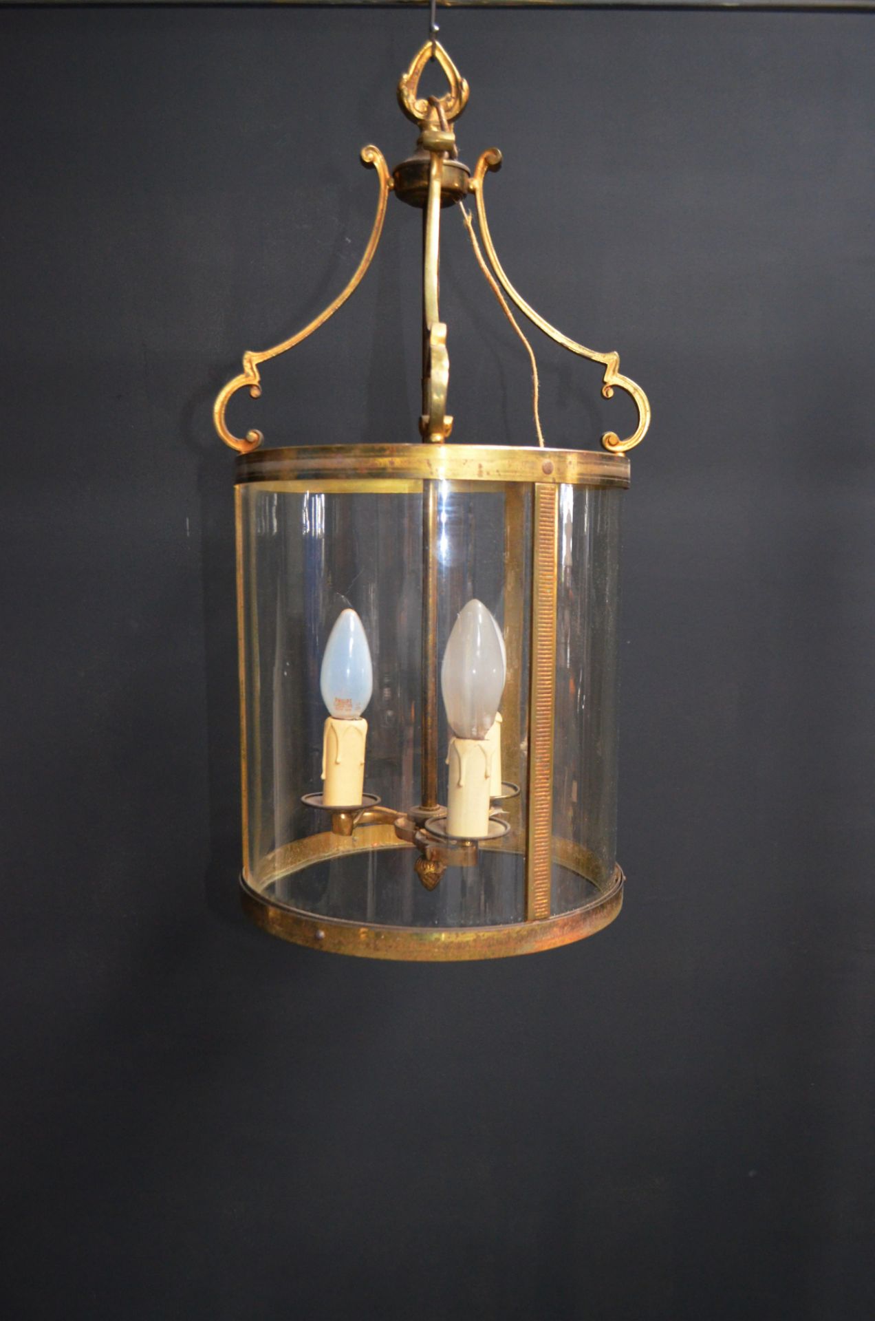 Lanterne ronde en bronze et laiton à 3 lumières époque fin 19e