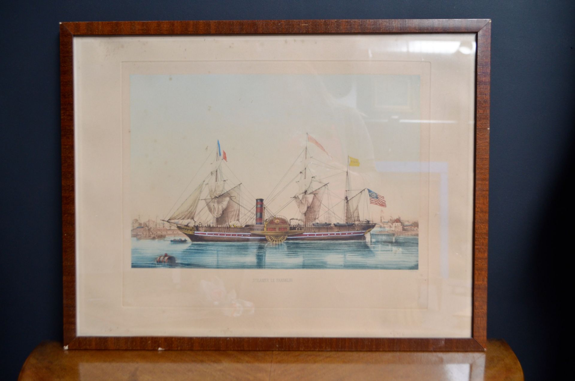 Gravure 'Steamer Le Franklin: Bassin de la Floride au Havre 1851' par L.Le Breton