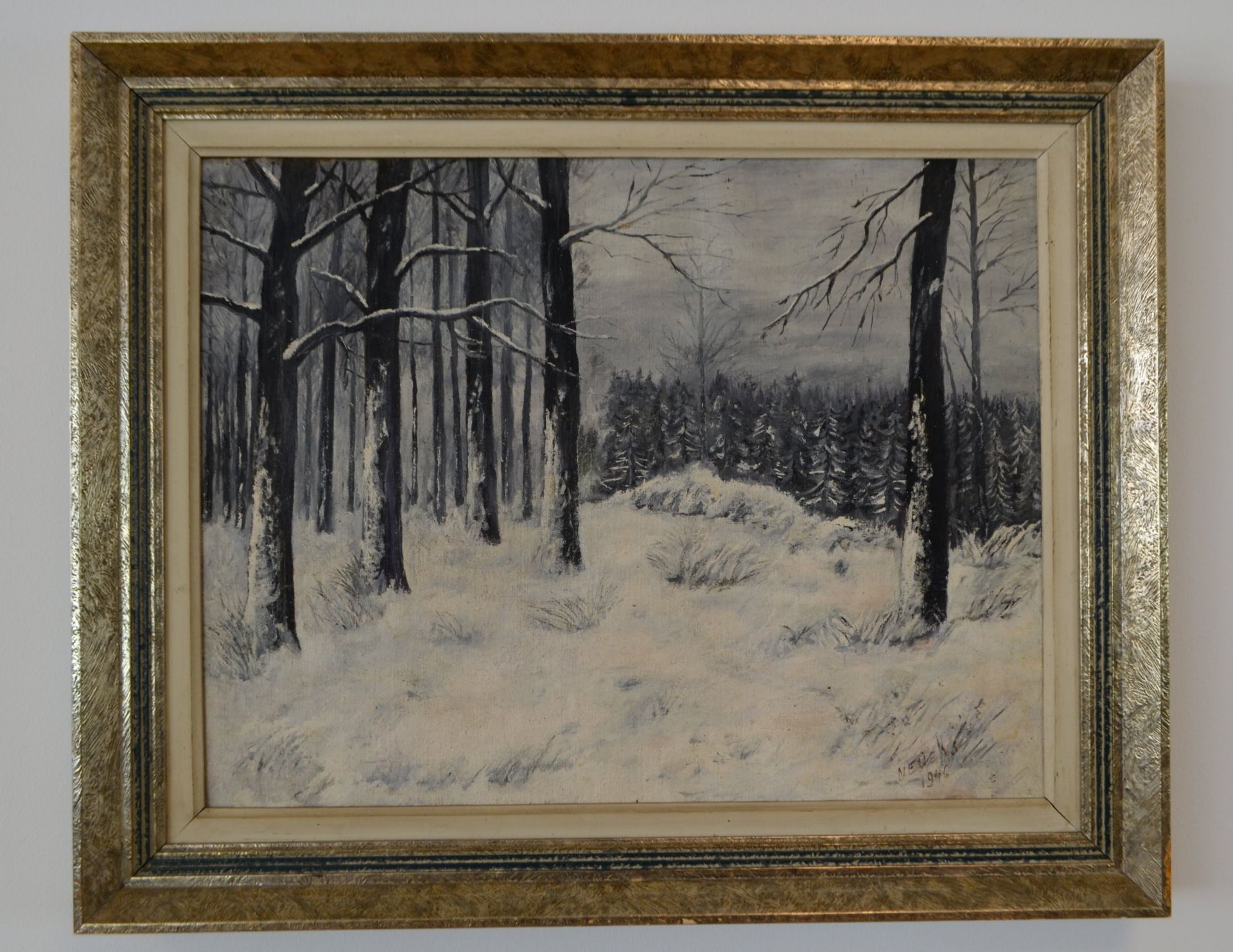 Peinture sur toile ' Foret en Hiver' signé Neuens 1946