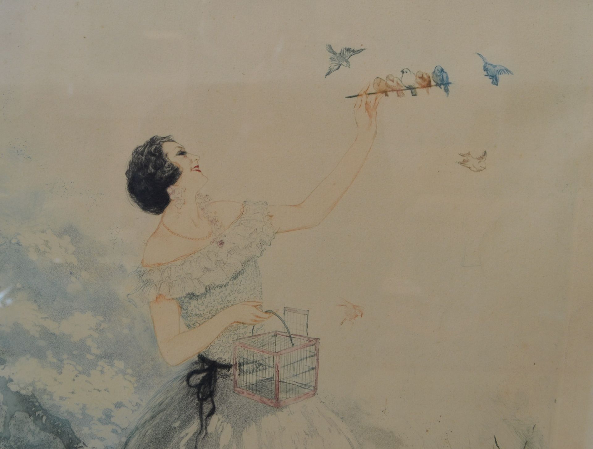 Estampe "L'élégante aux oiseaux" signé J. Hardy fin 19e - Bild 3 aus 4