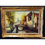 Peinture sur toile 'Le Pont du Village' 20e siècle