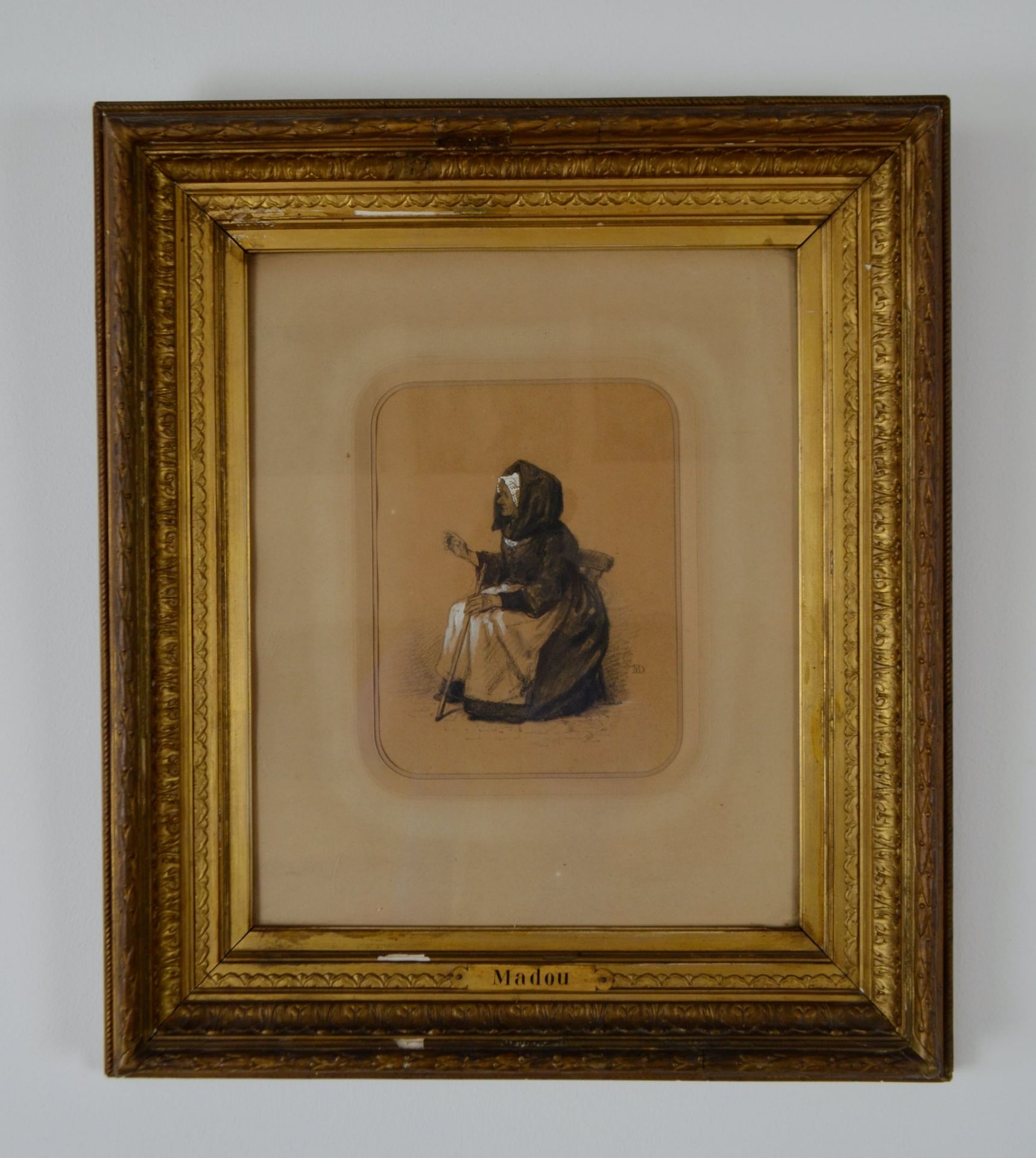 Dessin "La vieille dame assise" signé Jean-Baptiste MADOU (1796-1877)