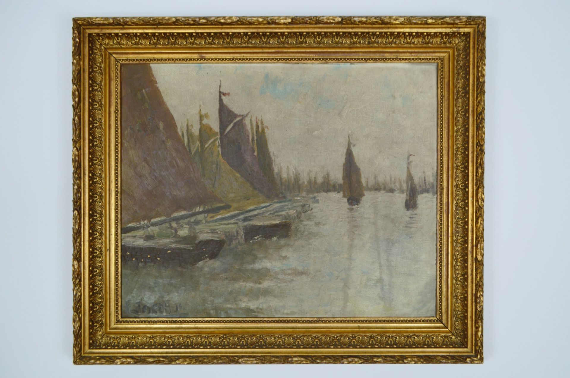 Peinture sur toile 'Amarrage des bateaux' signé F. Jacob