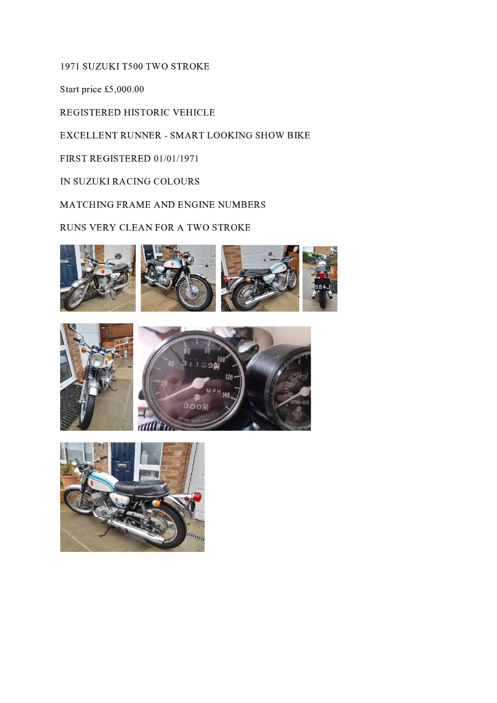 1971 Suzuki T500 two stroke motorbike. MOT exempt. Excellent runner - Image 6 of 6