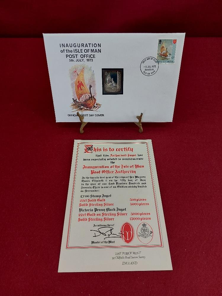 First Day Cover inauguration of post office 1973, 5th July £1 stamp on solid sterling silver ingot