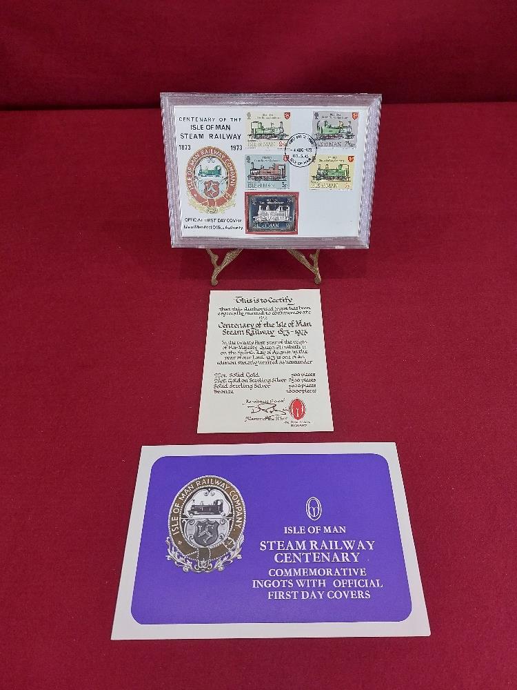 First Day Cover Isle of Man steam railway centenary 4th August 1973 with solid silver ingot stamp