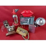 Collection of retro items including Hot Lips phone with original box