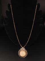 1889 full sovereign in 9ct gold mount and 9ct gold chain. Length 61cm 19.2 grams