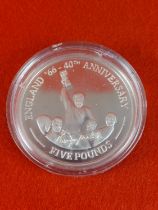 Silver proof England 1966 World Cup £5 coin.